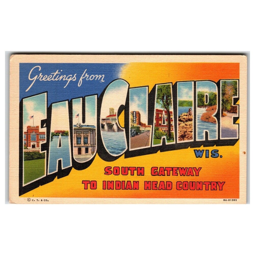 Greetings from Eau Claire Wisconsin Linen Postcard - Indian Head Country 1938